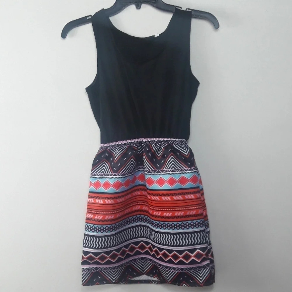 Black Sleeveless Multi Tribal Boho Chic Dress LBD